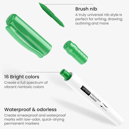 ARTEZA Colored Permanent Markers, Set of 16, Brush Tip Pens in Saudi Arabia