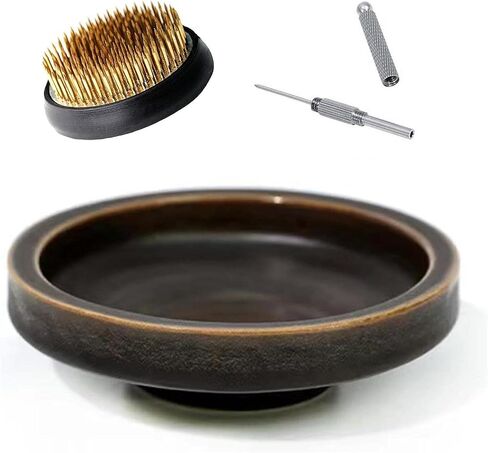 Japanese Classical Ikebana Vase Kit, Minimalist Ceramics Flower Pot Flower Shallow Container with 2.4inch Flower Frog and 2-in-1 Flower Arrangement Kenzan Needle Straightening Tool in Kuwait