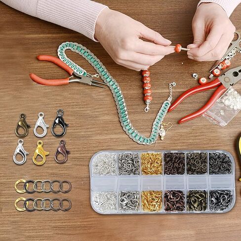 1000 قطعة + مشابك مخلب جراد البحر الفاخرة + حلقات القفز المفتوحة، 6 ألوان مثالية لصنع المجوهرات، مشبك سوار القلائد مع صندوق بلاستيكي محمول (12 مم، 5 مم) in Kuwait