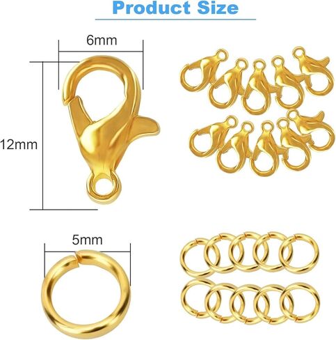 1000 قطعة + مشابك مخلب جراد البحر الفاخرة + حلقات القفز المفتوحة، 6 ألوان مثالية لصنع المجوهرات، مشبك سوار القلائد مع صندوق بلاستيكي محمول (12 مم، 5 مم) in Kuwait