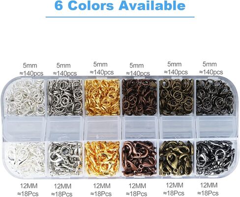 1000 قطعة + مشابك مخلب جراد البحر الفاخرة + حلقات القفز المفتوحة، 6 ألوان مثالية لصنع المجوهرات، مشبك سوار القلائد مع صندوق بلاستيكي محمول (12 مم، 5 مم) in Kuwait