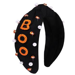 NVENF Halloween Headband Accessories for Women Crystal Pearl Knotted Headband Embellished Beaded Pumpkin Candy Corn Boo Headbands Rhinestone Jeweled Wide Top Knot Headband Costume Party Favors (BOO) in Saudi Arabia