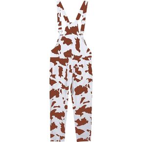 KACAOAC Women's Casual Cow Print Bib Overalls Cotton Pocketed Wide Leg Pants Jumpsuits