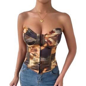 Women's Strapless Flloral Print Bustier Corset Top Asymmetrical Hem Crop Tops Boned Tube Top
