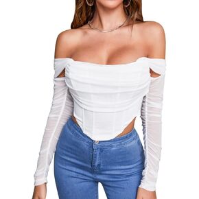 Mesh Corset Crop Top Long Sleeve Off Shoulder Ruched Bust Boned Bustier Sexy Cute Tube Tops Blouse in Kuwait