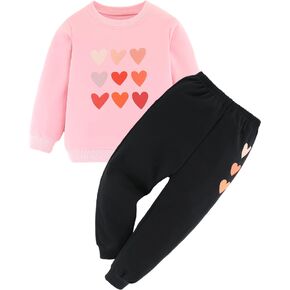 Adorable Toddler Girls Sweatsuit - Cute Winter Fall Heart Print Child Long Sleeve Sweatshirt Sweatpants Outfits