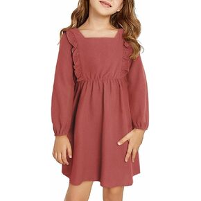 فستان DOKOTOO KIDS للفتيات مكشكش لخريف وشتاء 2023 فساتين بأكمام طويلة ورقبة مربعة من 7 إلى 15 سنة in Kuwait