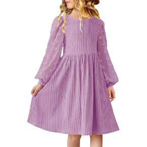 Girls Fall Lantern Sleeve Swiss Dot Crew Neck A-line Casual Swing Knit Dress with Pockets for 6-12 Years
