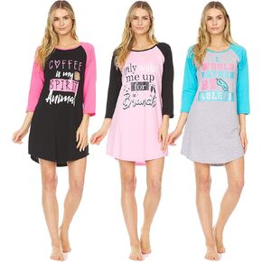 مجموعة من 3 قطع من Essential Elements: قميص نوم نسائي مصنوع من القطن بنسبة 100% - فستان نوم مطبوع ناعم، ثوب نوم، قميص نوم بيجامة in Kuwait