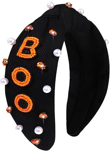 NVENF Halloween Headband Accessories for Women Crystal Pearl Knotted Headband Embellished Beaded Pumpkin Candy Corn Boo Headbands Rhinestone Jeweled Wide Top Knot Headband Costume Party Favors (BOO) in Saudi Arabia