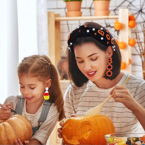 NVENF Halloween Headband Accessories for Women Crystal Pearl Knotted Headband Embellished Beaded Pumpkin Candy Corn Boo Headbands Rhinestone Jeweled Wide Top Knot Headband Costume Party Favors (BOO) in Saudi Arabia