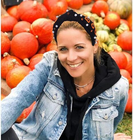 NVENF Halloween Headband Accessories for Women Crystal Pearl Knotted Headband Embellished Beaded Pumpkin Candy Corn Boo Headbands Rhinestone Jeweled Wide Top Knot Headband Costume Party Favors (BOO) in Saudi Arabia