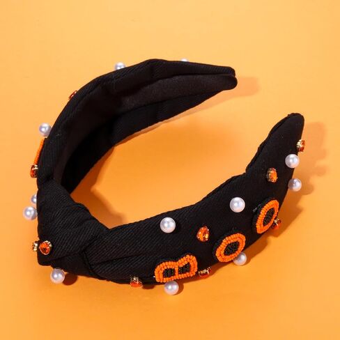 NVENF Halloween Headband Accessories for Women Crystal Pearl Knotted Headband Embellished Beaded Pumpkin Candy Corn Boo Headbands Rhinestone Jeweled Wide Top Knot Headband Costume Party Favors (BOO) in Saudi Arabia