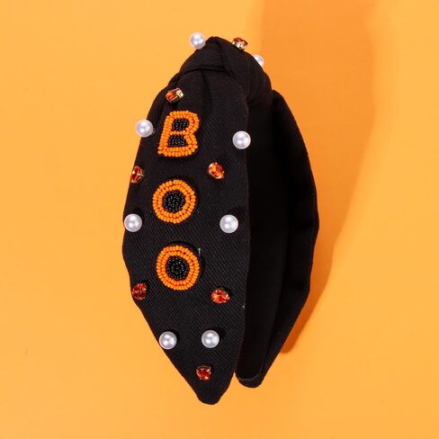 NVENF Halloween Headband Accessories for Women Crystal Pearl Knotted Headband Embellished Beaded Pumpkin Candy Corn Boo Headbands Rhinestone Jeweled Wide Top Knot Headband Costume Party Favors (BOO) in Saudi Arabia