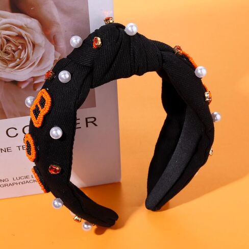 NVENF Halloween Headband Accessories for Women Crystal Pearl Knotted Headband Embellished Beaded Pumpkin Candy Corn Boo Headbands Rhinestone Jeweled Wide Top Knot Headband Costume Party Favors (BOO) in Saudi Arabia