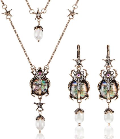 Taiyin 2 Pcs Beetle Dangle Earrings Necklace Set Vintage Bug Fun Earrings for Women Pearl Drop Scarab Jewelry for Bridal Bridesmaids Girls Prom Party Supplies in Saudi Arabia