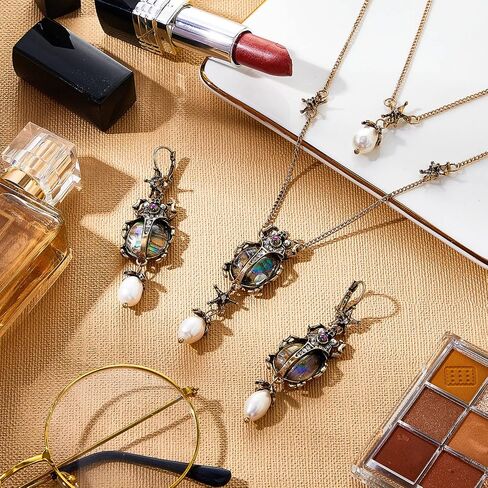 Taiyin 2 Pcs Beetle Dangle Earrings Necklace Set Vintage Bug Fun Earrings for Women Pearl Drop Scarab Jewelry for Bridal Bridesmaids Girls Prom Party Supplies in Saudi Arabia