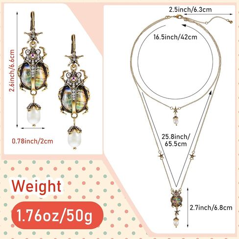 Taiyin 2 Pcs Beetle Dangle Earrings Necklace Set Vintage Bug Fun Earrings for Women Pearl Drop Scarab Jewelry for Bridal Bridesmaids Girls Prom Party Supplies in Saudi Arabia
