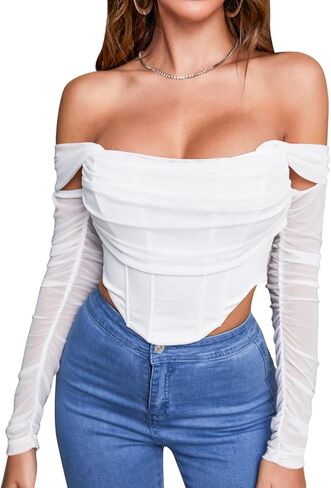 Mesh Corset Crop Top Long Sleeve Off Shoulder Ruched Bust Boned Bustier Sexy Cute Tube Tops Blouse in Kuwait