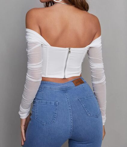 Mesh Corset Crop Top Long Sleeve Off Shoulder Ruched Bust Boned Bustier Sexy Cute Tube Tops Blouse in Kuwait