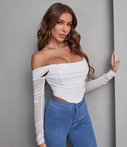 Mesh Corset Crop Top Long Sleeve Off Shoulder Ruched Bust Boned Bustier Sexy Cute Tube Tops Blouse in Kuwait