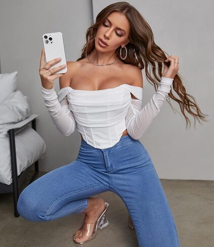 Mesh Corset Crop Top Long Sleeve Off Shoulder Ruched Bust Boned Bustier Sexy Cute Tube Tops Blouse in Kuwait