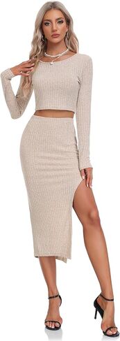 مجموعة ملابس نسائية من Dilgul مكونة من قطعتين بياقة دائرية وأكمام طويلة، تنورة ضيقة متوسطة الطول، مجموعة فساتين منسوجة خفيفة الوزن in Kuwait