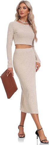 مجموعة ملابس نسائية من Dilgul مكونة من قطعتين بياقة دائرية وأكمام طويلة، تنورة ضيقة متوسطة الطول، مجموعة فساتين منسوجة خفيفة الوزن in Kuwait