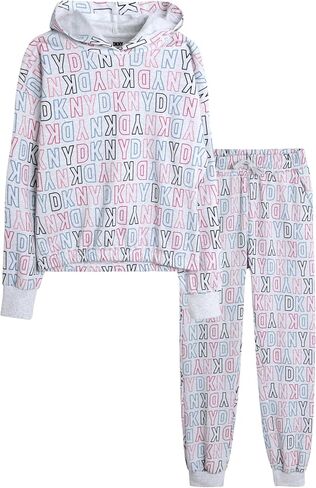 طقم بدلة رياضية للفتيات من DKNY - قطعتان من سويت شيرت صوف بقلنسوة وبنطلون رياضي (12M-16) in Kuwait