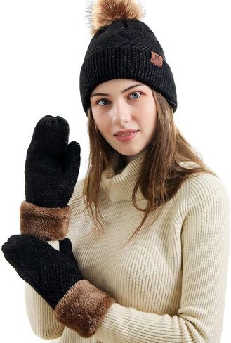 MAYLISACC Hat and Gloves for Women, Thermal Winter Knit Beanie Hats-and-Mittens 2 Pcs Set Ladies Thick Fleece Lined in Saudi Arabia