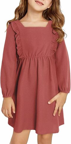 فستان DOKOTOO KIDS للفتيات مكشكش لخريف وشتاء 2023 فساتين بأكمام طويلة ورقبة مربعة من 7 إلى 15 سنة in Kuwait