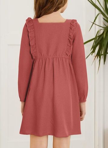 فستان DOKOTOO KIDS للفتيات مكشكش لخريف وشتاء 2023 فساتين بأكمام طويلة ورقبة مربعة من 7 إلى 15 سنة in Kuwait