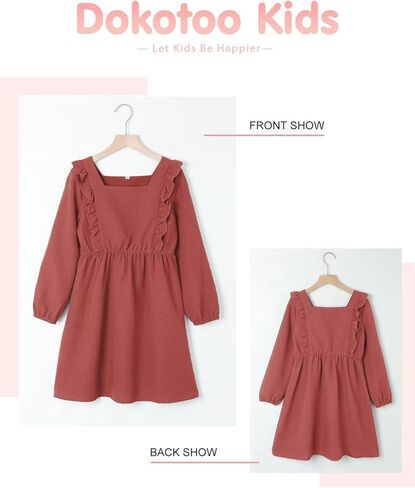 فستان DOKOTOO KIDS للفتيات مكشكش لخريف وشتاء 2023 فساتين بأكمام طويلة ورقبة مربعة من 7 إلى 15 سنة in Kuwait