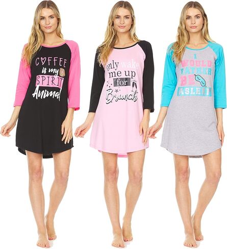 مجموعة من 3 قطع من Essential Elements: قميص نوم نسائي مصنوع من القطن بنسبة 100% - فستان نوم مطبوع ناعم، ثوب نوم، قميص نوم بيجامة in Kuwait