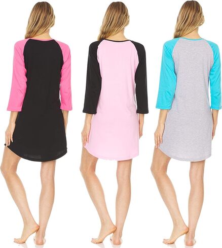 مجموعة من 3 قطع من Essential Elements: قميص نوم نسائي مصنوع من القطن بنسبة 100% - فستان نوم مطبوع ناعم، ثوب نوم، قميص نوم بيجامة in Kuwait