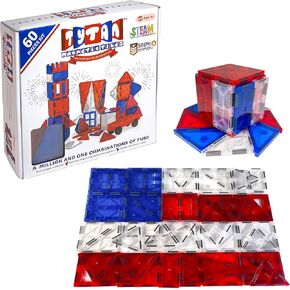 Tytan Tiles 4th of July 60-Piece Magnetic Tiles Building Set, Ergonomic Design, Kids’ STEM Toy, Architectural Building, Creative Play, Pattern Recognition, America USA Themed, Ages 3+