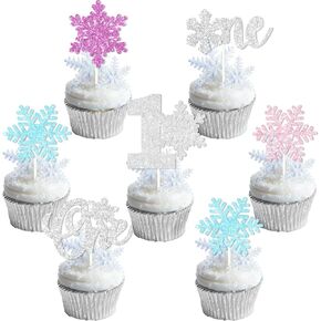 Sursurprise Winter Onederland 1st Birthday Decorations Girl, 24Pcs Snowflake One Cupcake Toppers Pink Purple Blue for Winter Snowflake First Birthday Party Supplies in Kuwait