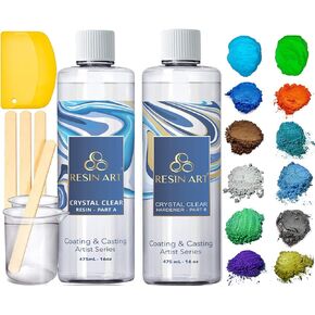 Epoxy Resin AB Part - 32oz Crystal Clear Resin Kit for Art Craft Resin Jewelry Making River Tables Casting and Coating 10 Mica Pigments, 2 Glow in The Dark Colors, 3 Accessories