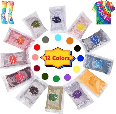 مسحوق صبغ بالربط، عبوة من 12 لون نابض بالحياة قابلة لاعادة التعبئة لصبغ القماش اللامع الدائم، لوازم حفلات مصبوغة بالربط مناسبة للاطفال والكبار (12 × 5 غرام) in Kuwait