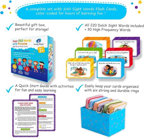 250 Sight Words Flash Cards for Kindergarten with Pictures, Dolch Sight Words Pre-K for Toddlers 3 4 5 6 7 8 Years, High Frequency Words Reading Cards for Kids Ages 4-8, Preschool - Simply Magic in Kuwait