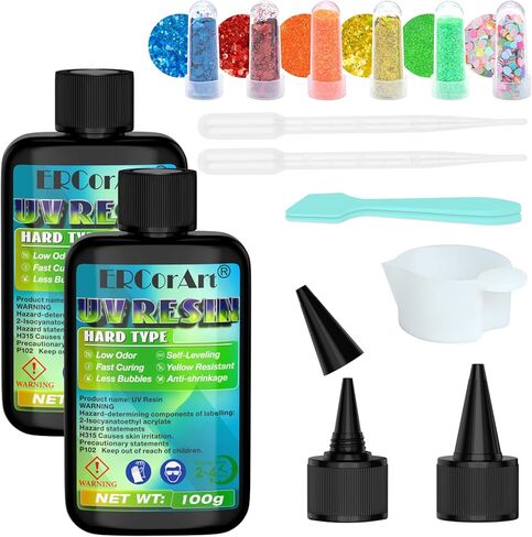 UV Resin - 200g Crystal Clear UV Resin Kit, UV Glue with Glitter, Solar Cure Sunlight Epoxy Resin, Fast Curing UV Resina for Jewelry Making, Earring Pendant, Craft Decoration DIY - Each 100g in Kuwait