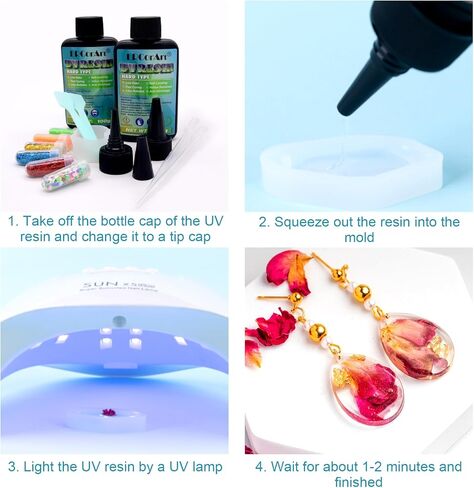 UV Resin - 200g Crystal Clear UV Resin Kit, UV Glue with Glitter, Solar Cure Sunlight Epoxy Resin, Fast Curing UV Resina for Jewelry Making, Earring Pendant, Craft Decoration DIY - Each 100g in Kuwait