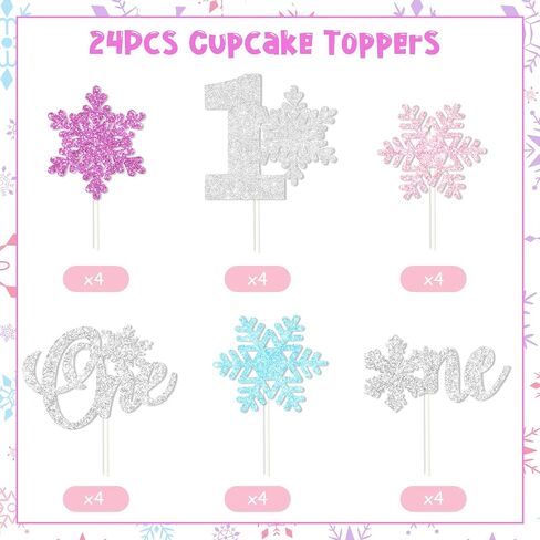 Sursurprise Winter Onederland 1st Birthday Decorations Girl, 24Pcs Snowflake One Cupcake Toppers Pink Purple Blue for Winter Snowflake First Birthday Party Supplies in Saudi Arabia