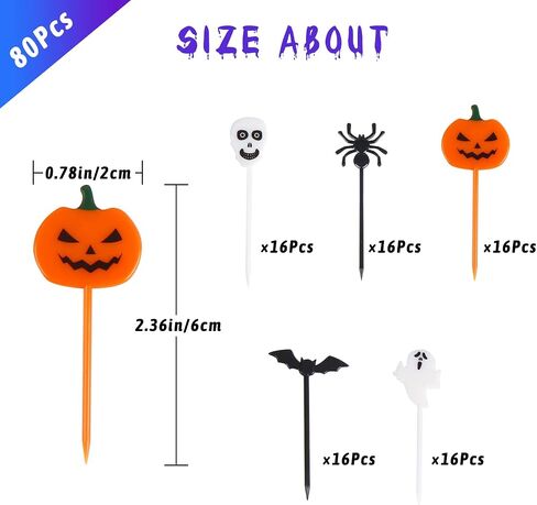 CCINEE 80pcs Plastic Halloween Picks, Halloween Cupcake Topper Picks Food Picks Ghost Pumpkin Spiders Bats Skull Cupcake Toppers for Kids Birthday Party Themed Party in Saudi Arabia
