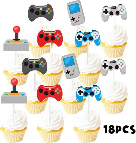 18pcs Glitter Dessert Cupcake Topper Colorful Teenager Video Game Controller Theme Decor Supplies Baby Shower Boys Girls Happy Birthday Decorations in Saudi Arabia