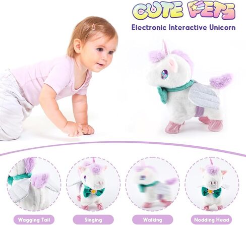 HOMZZZZ Plush Unicorn Toy - Walking, Barking, Tail Wagging, Touch Recognition Voice Reaction - Electronic Pet Playmate Companion Toy for Kids 3+ Years,10inch in Kuwait
