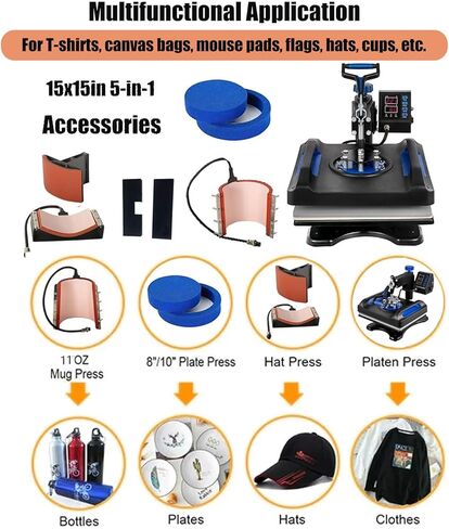 آلة ضغط حراري 15 × 15 بوصة، تجميع 5 في 1، تسخين سريع، 360 درجة تأرجح، مجموعة تصعيد متعددة الوظائف للتحكم الرقمي، أزرق in Kuwait