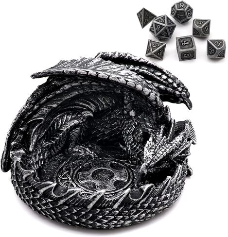 Haxtec Dragon Dice Jail Guardian DND Dice Tray Holder Dungeons and Dragons Accessories Novelty DM RPG Gift Dragon Statue Decor(Antique Silver) in Kuwait