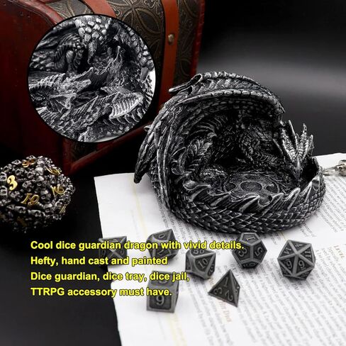 Haxtec Dragon Dice Jail Guardian DND Dice Tray Holder Dungeons and Dragons Accessories Novelty DM RPG Gift Dragon Statue Decor(Antique Silver) in Kuwait
