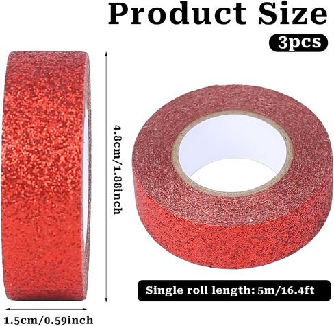 Mozeat Lens 3 Rolls Glitter Washi Tape 5/8" (15mm) Red Decorative Tape Red Glitter Washi Tape Decorative Adhesive Tape Craft Self Adhesive Stick on Sticky Glitter Trim, 5.5yd/Roll in Saudi Arabia